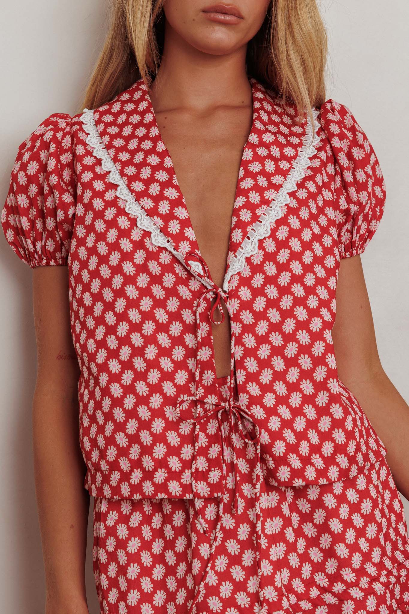 Danessa Tie Front Top Floral Red - Image 3