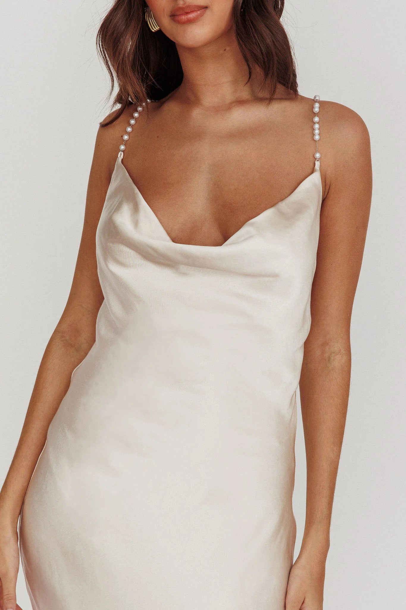Danijela Cowl Neck Pearl Satin Maxi Dress Champagne - Image 4