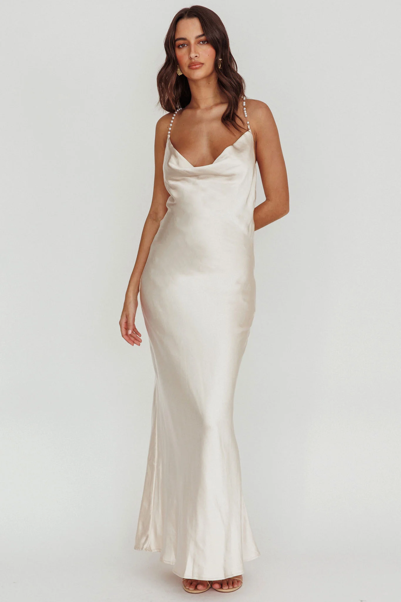 Danijela Cowl Neck Pearl Satin Maxi Dress Champagne - Image 5