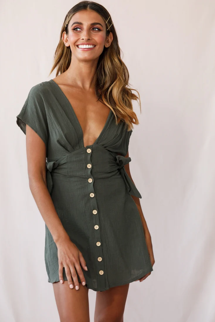 Dara Button Accent Dress Green Khaki - Image 2