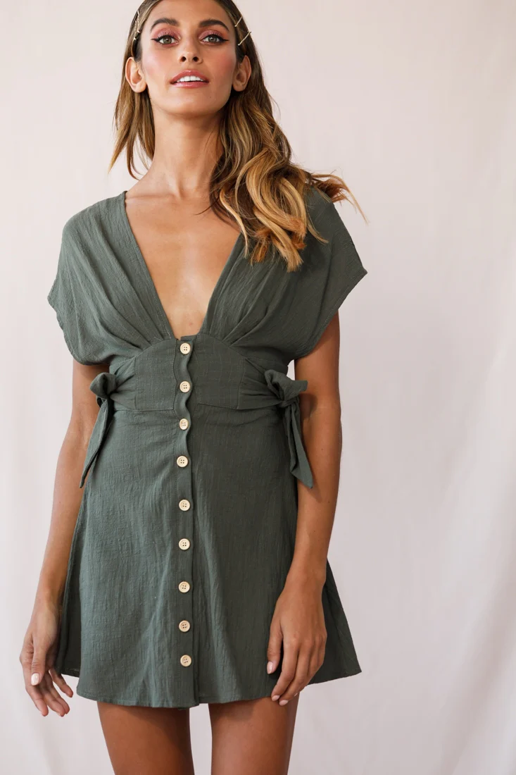 Dara Button Accent Dress Green Khaki - Image 5