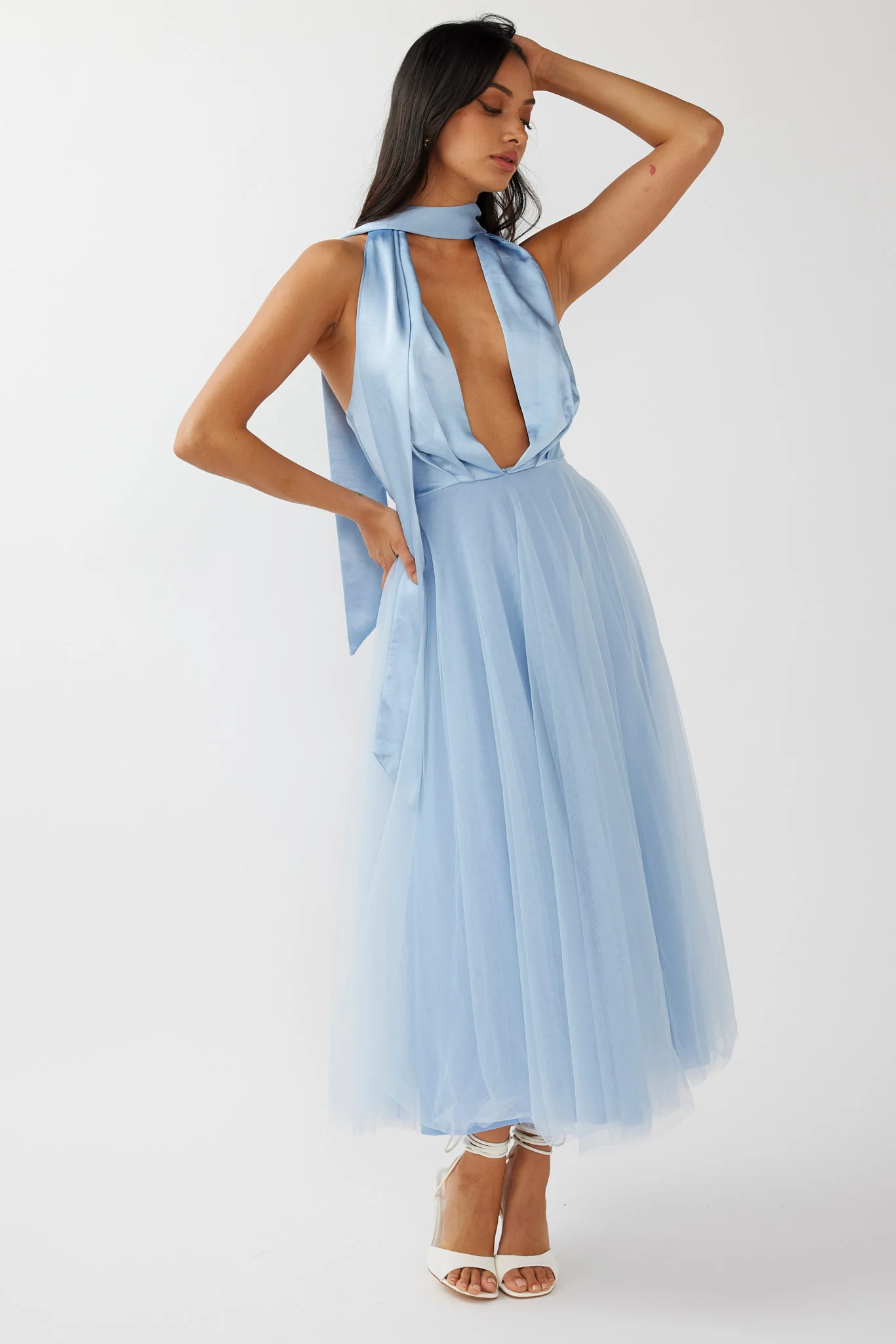 Darci Plunging Neckline Tulle Midi Dress Blue - Image 7