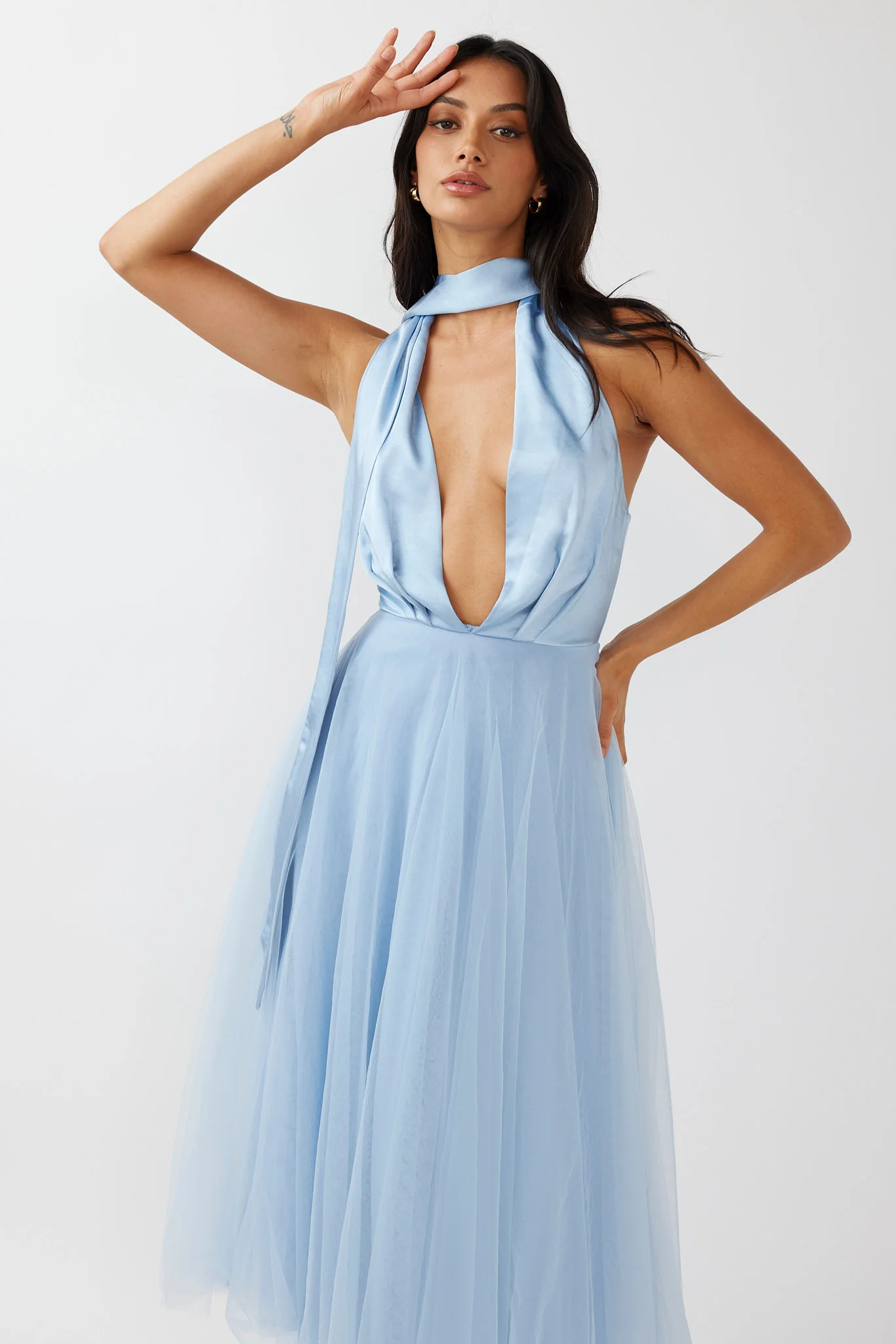 Darci Plunging Neckline Tulle Midi Dress Blue - Image 8