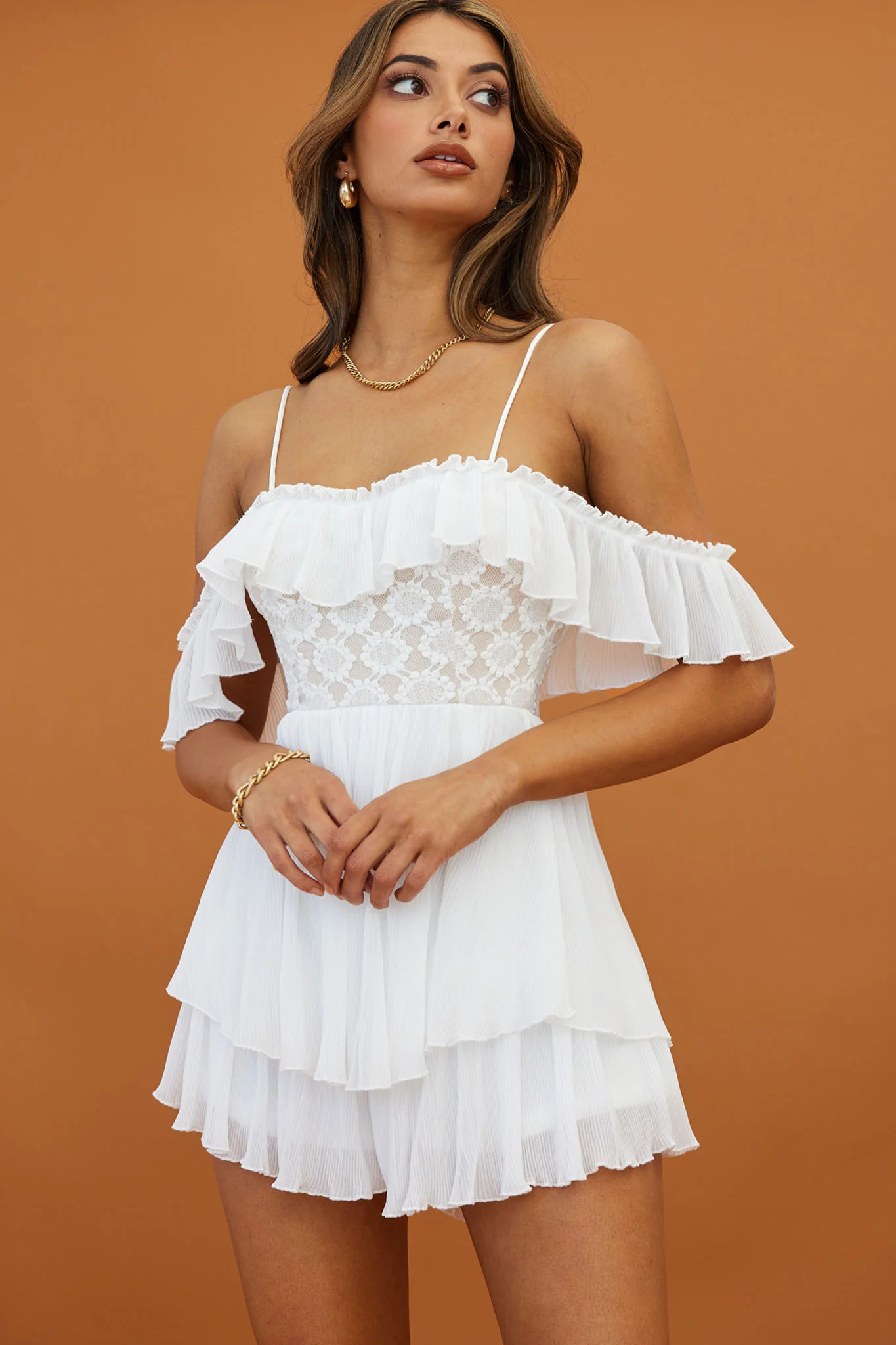 Darcy Ruffle Neckline Lace Bodice Romper White - Image 3