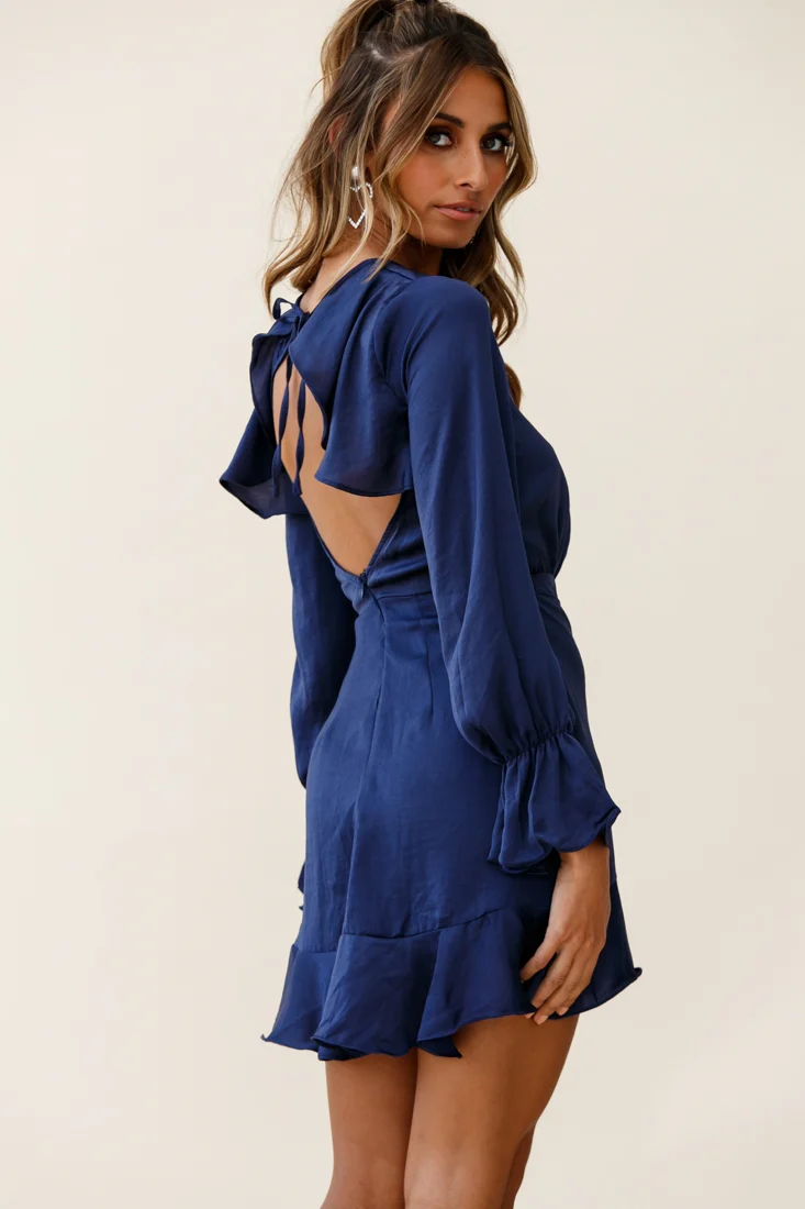 Darla Long Sleeve Satin Dress Navy - Image 7