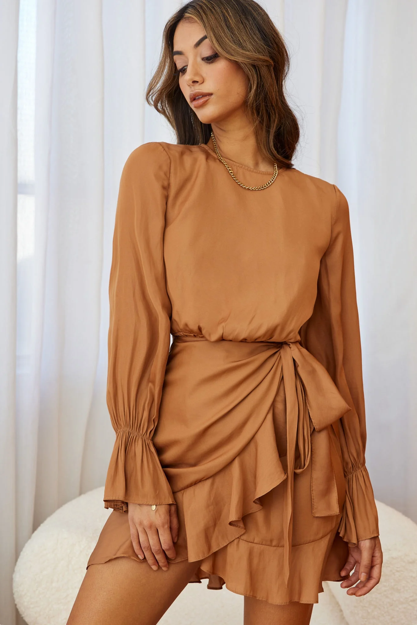 Darla Long Sleeve Satin Dress Tan - Image 9