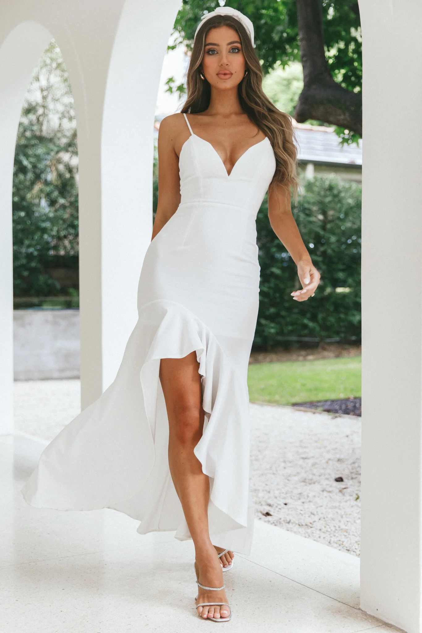 Darlene Front Split Flounce Hem Maxi Dress White - Image 5