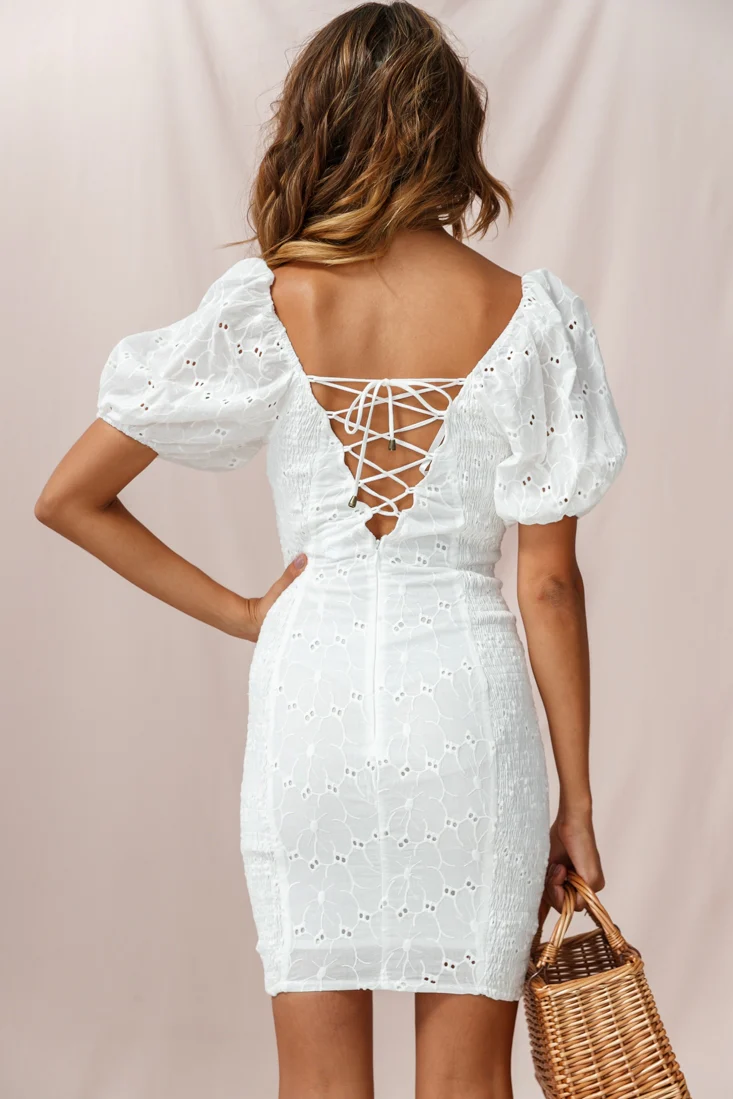 Darling Puff Sleeve Shirred Dress White - Image 3