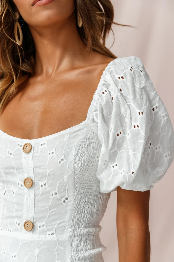 Darling Puff Sleeve Shirred Dress White - Image 4