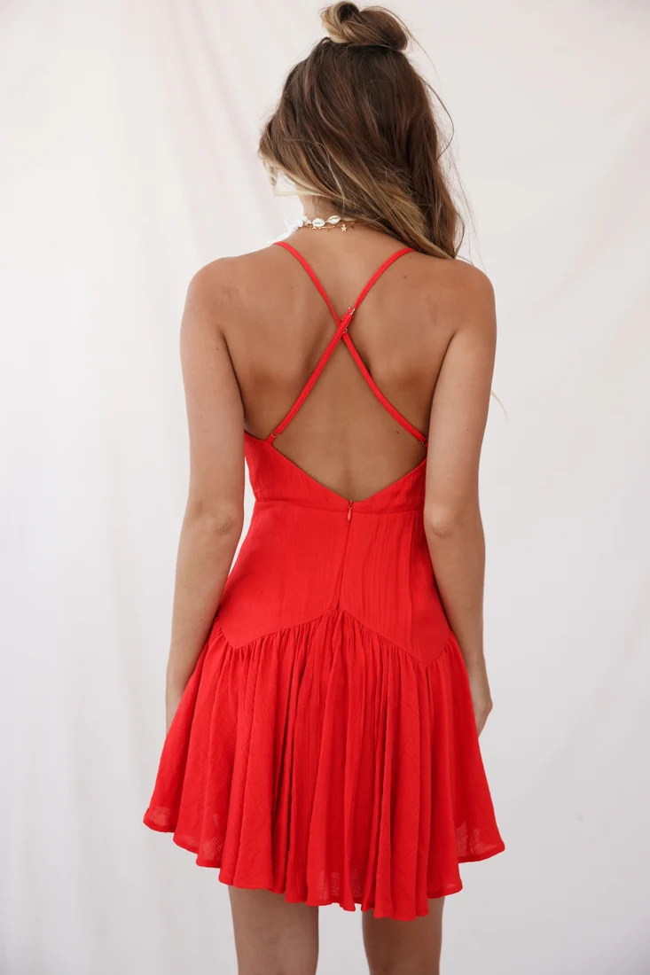 Darma Crochet Detail Fluted Hem Dress Red - Image 3