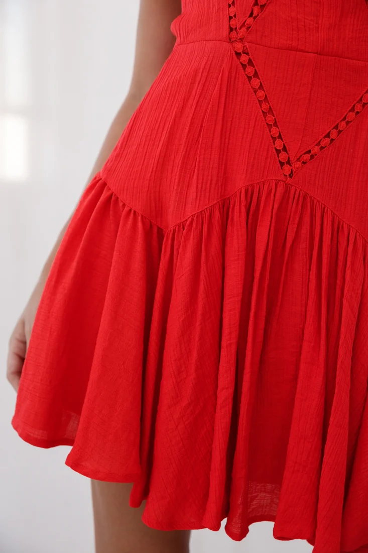 Darma Crochet Detail Fluted Hem Dress Red - Image 4