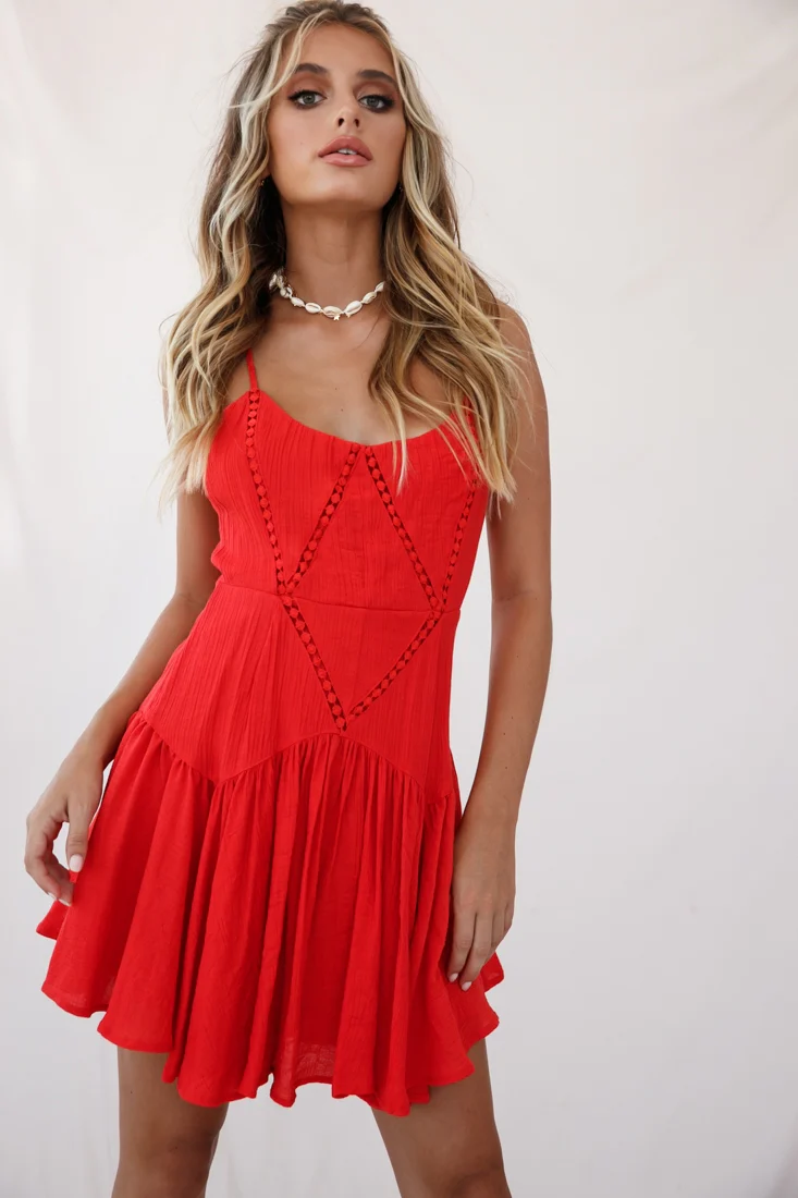 Darma Crochet Detail Fluted Hem Dress Red - Image 6