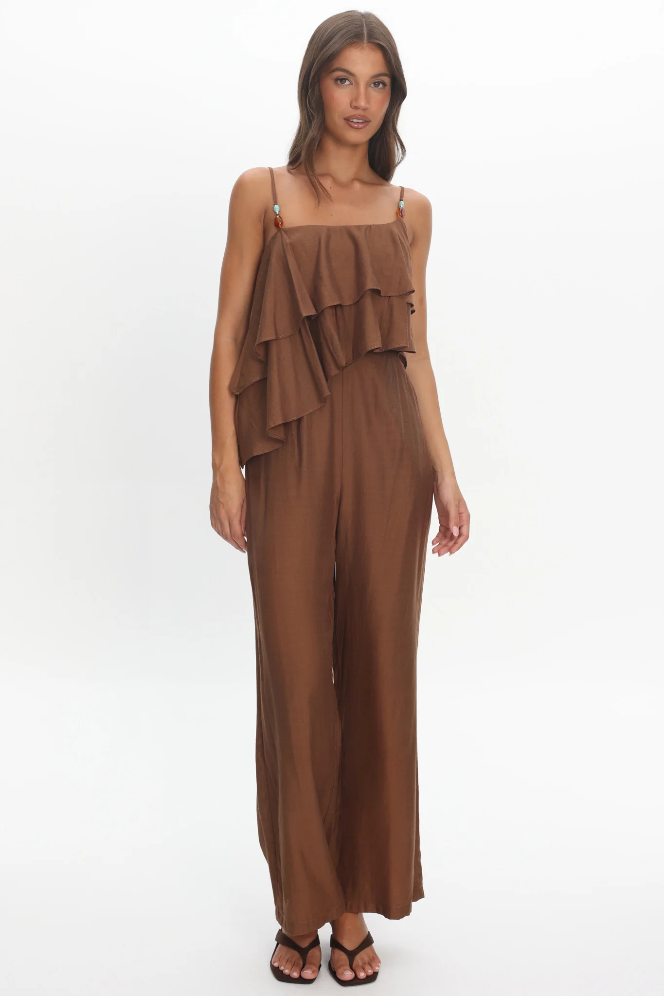 Darylyn Asymmetric Ruffle Jumpsuit Chocolate - Image 2