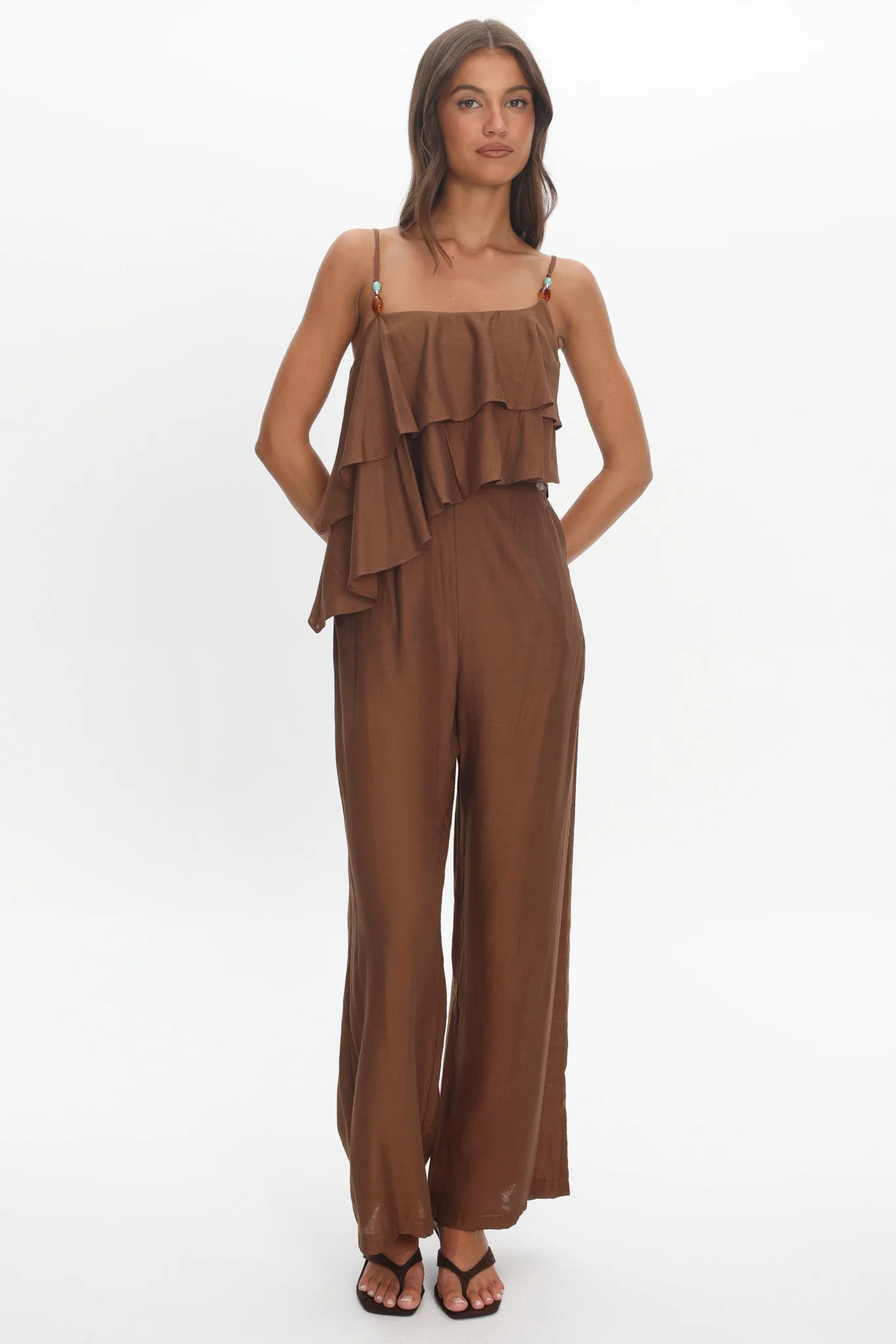 Darylyn Asymmetric Ruffle Jumpsuit Chocolate - Image 5
