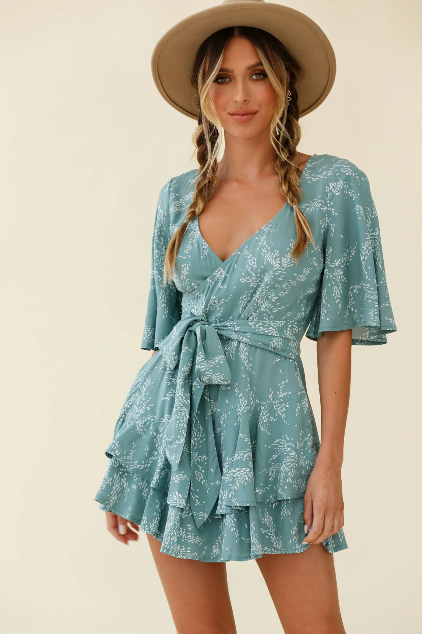 Davina Angel Sleeve Cut-Out Back Romper Leaf Print Sage - Image 5