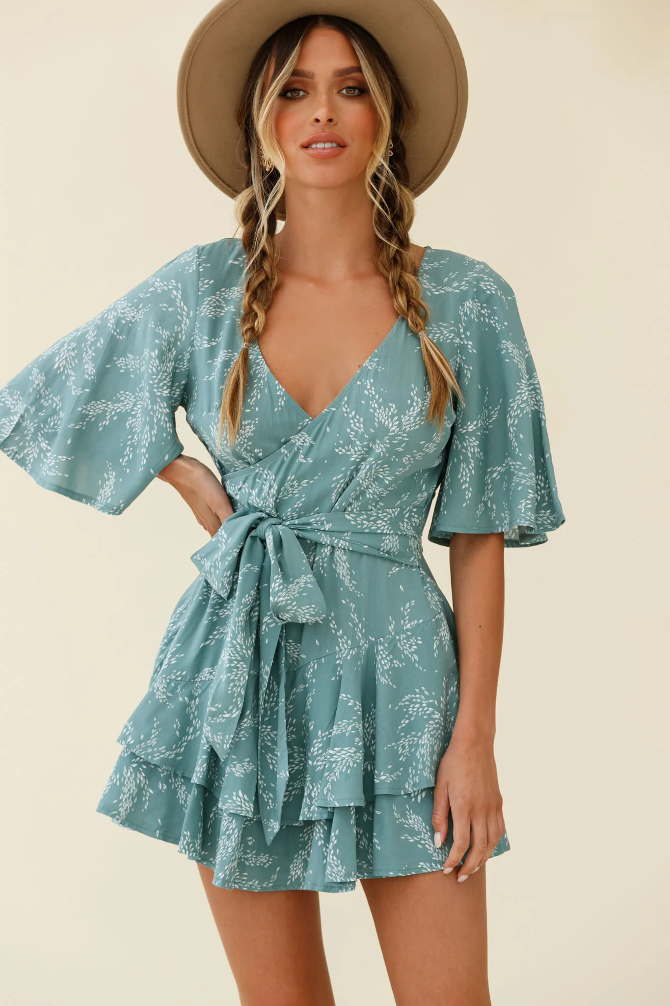 Davina Angel Sleeve Cut-Out Back Romper Leaf Print Sage - Image 8