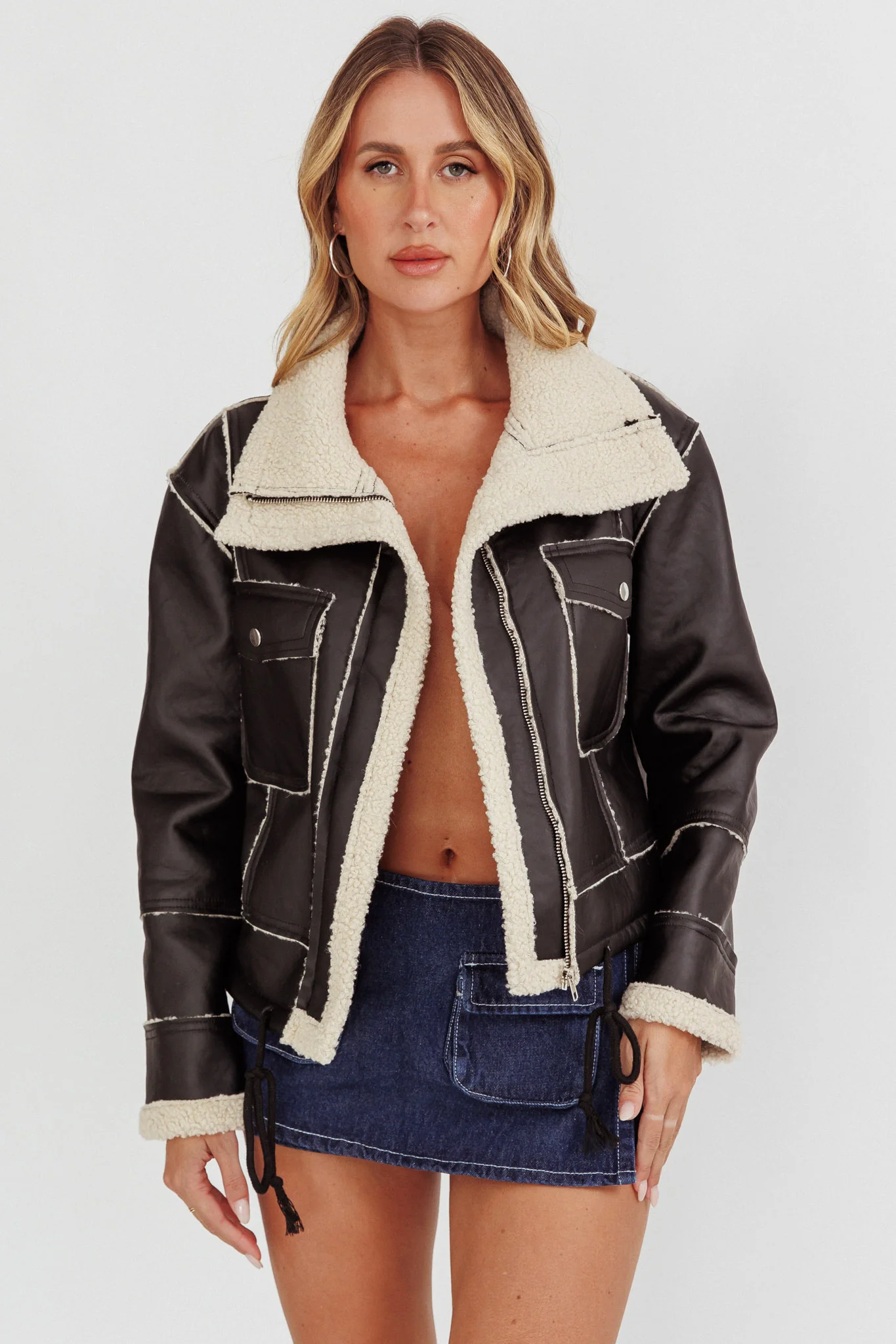 Davis Drawstring Hem Sherpa Jacket Black - Image 5