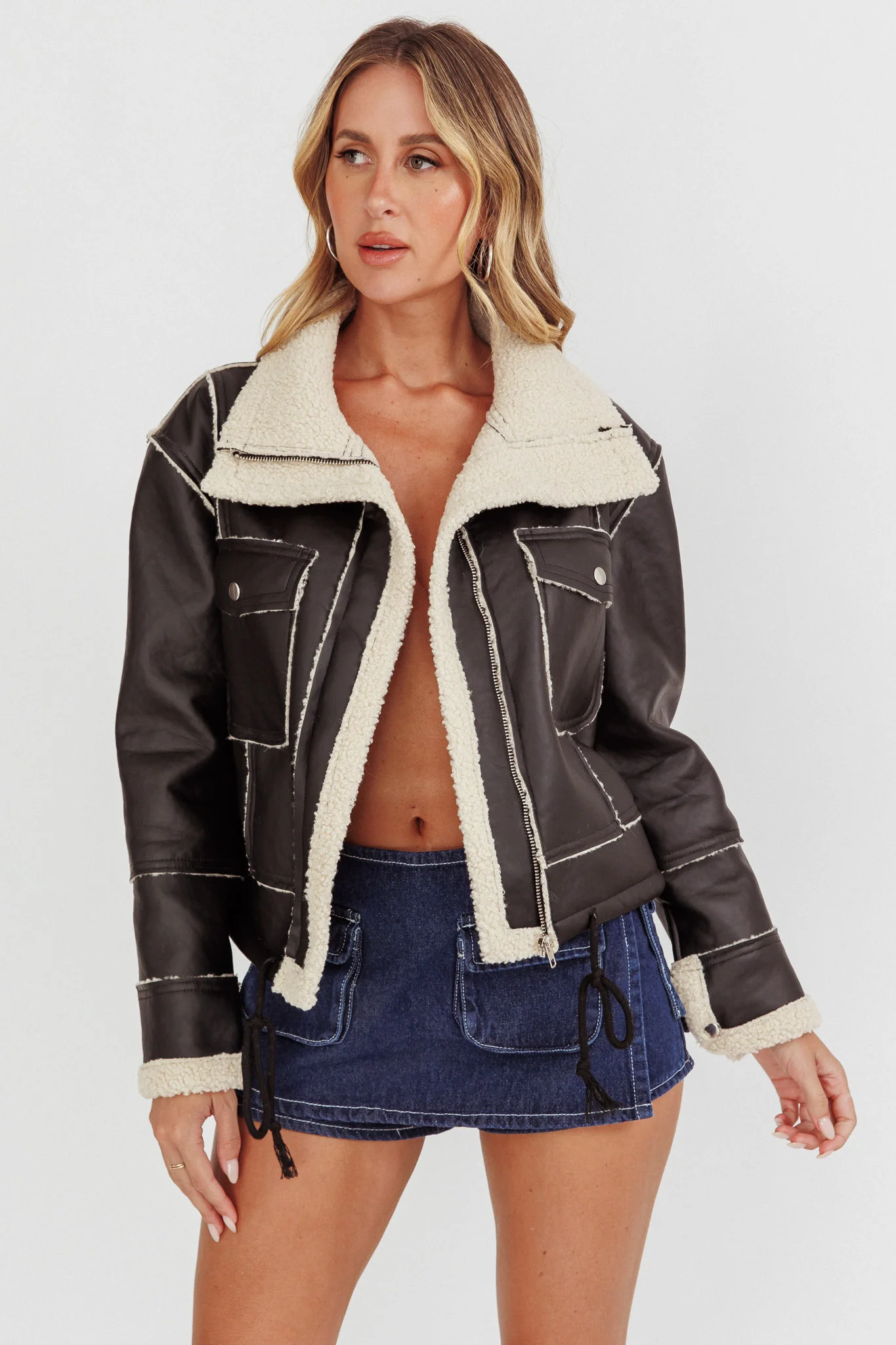 Davis Drawstring Hem Sherpa Jacket Black - Image 6
