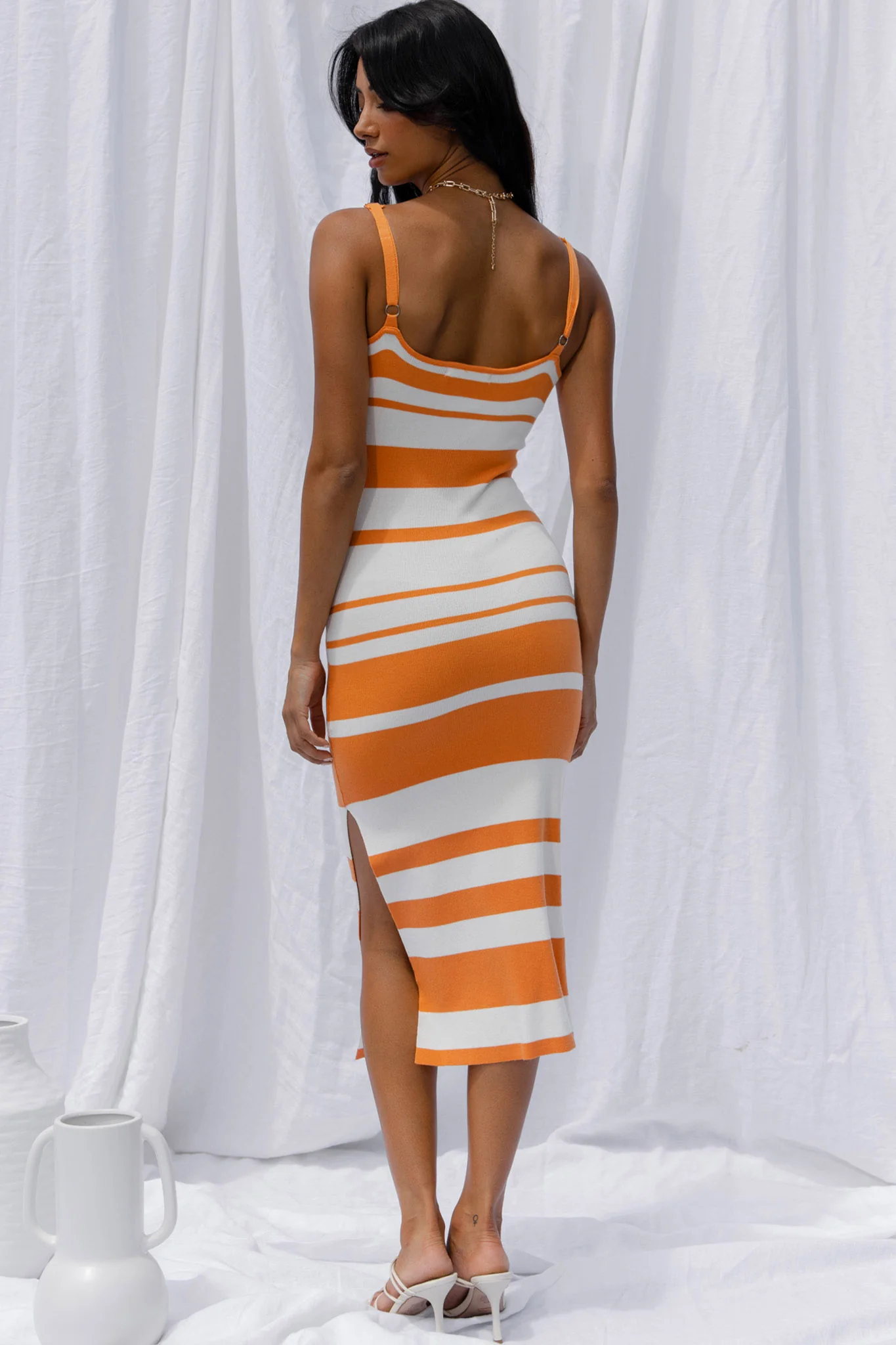Dayana Cut-Out Waist Side Split Knit Midi Dress Striped Orange - Image 8