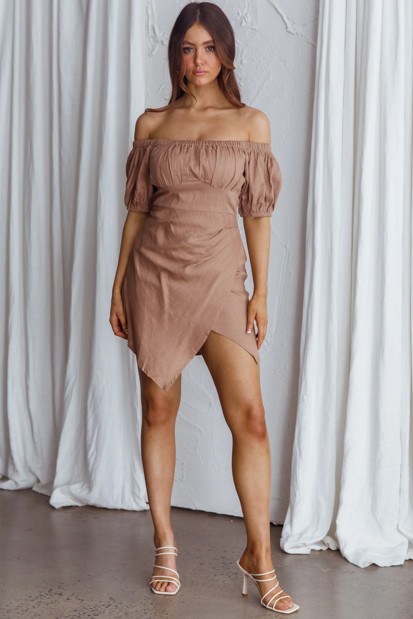 Dayanara Off-Shoulder Puff Sleeve Dress Mocha - Image 5