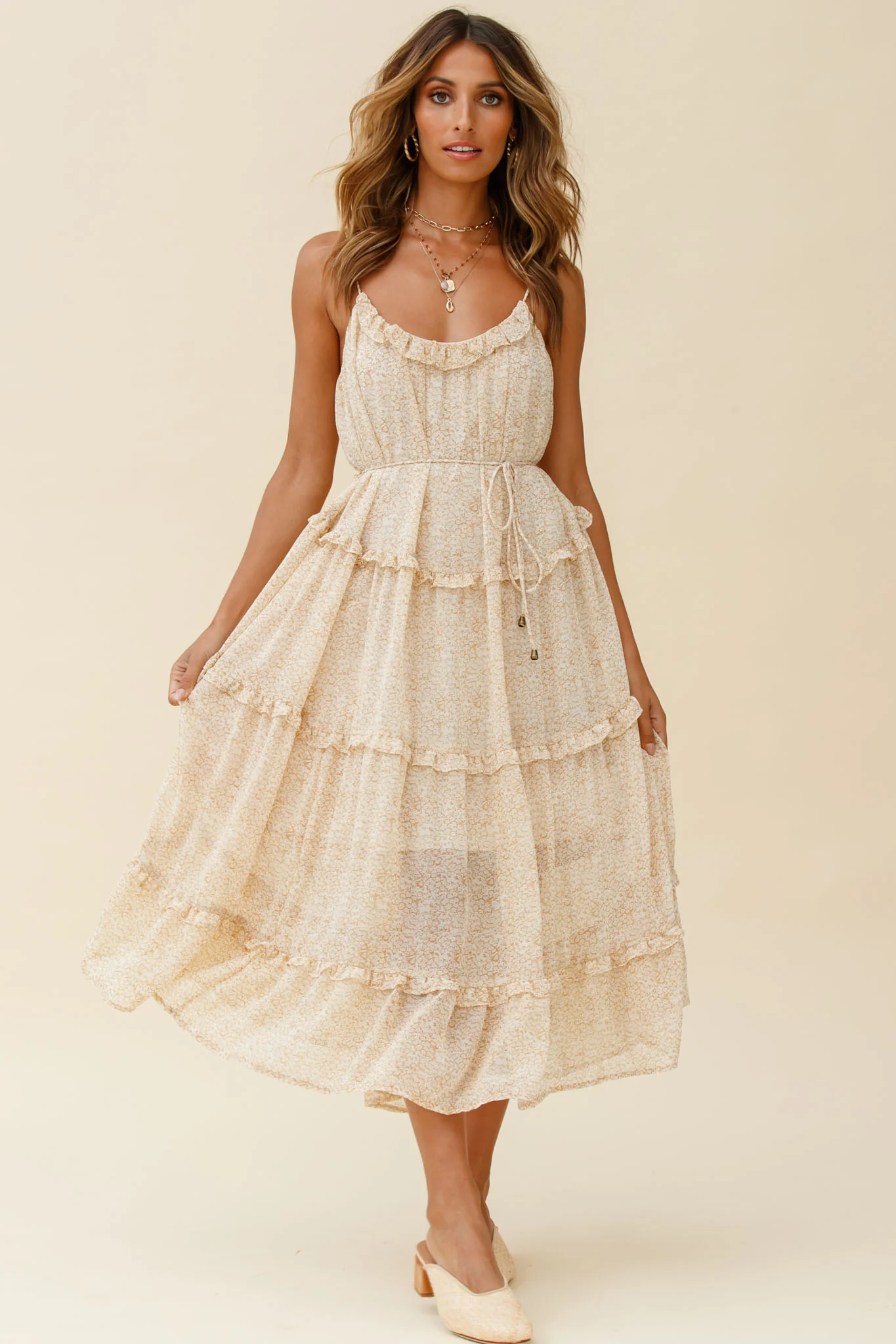 Daybreak Frill Trim String Tie Waist Midi Dress Floral Print Beige - Image 6