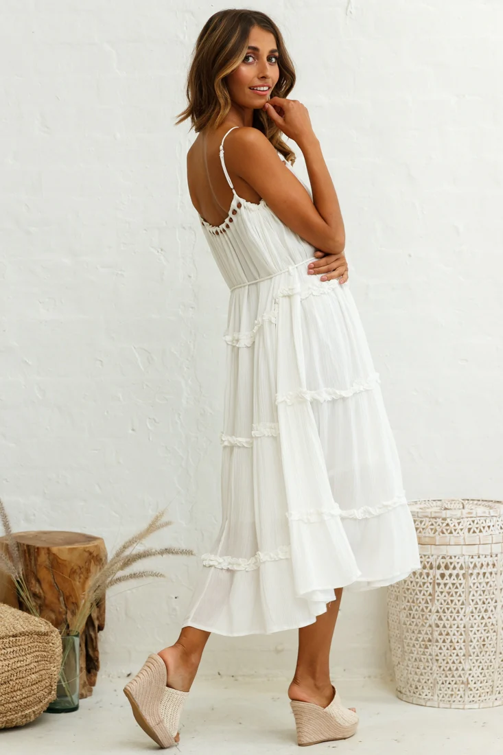 Daybreak Frill Trim Wooden Bead Midi Dress White - Image 3