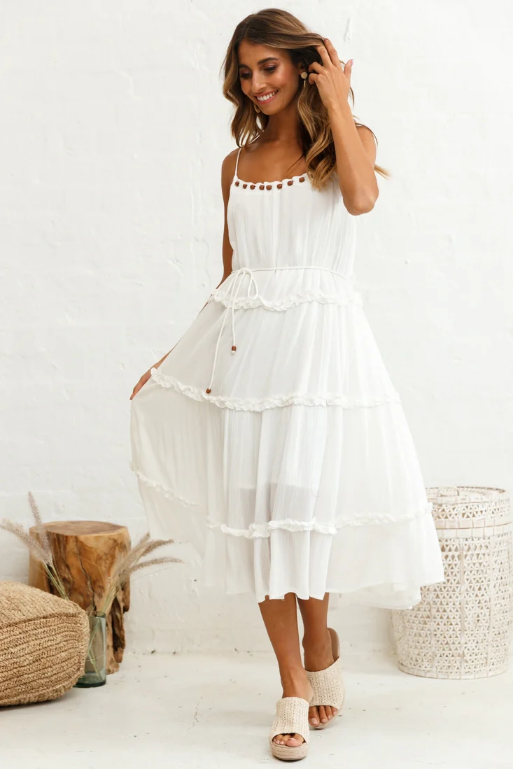 Daybreak Frill Trim Wooden Bead Midi Dress White - Image 6
