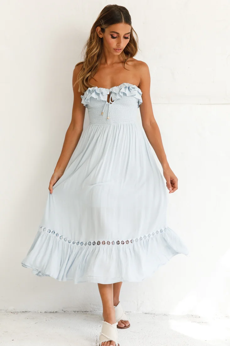 Daydream Shirred Bust Frill Trim Maxi Dress Ice Blue - Image 5
