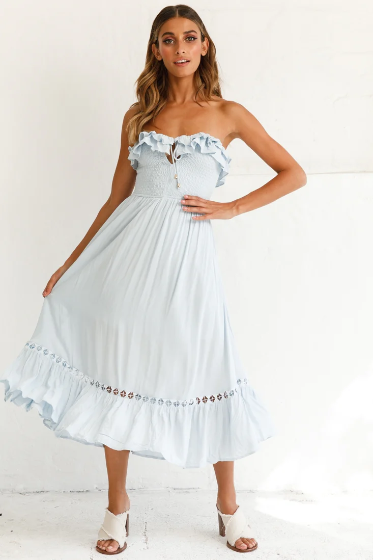 Daydream Shirred Bust Frill Trim Maxi Dress Ice Blue - Image 6