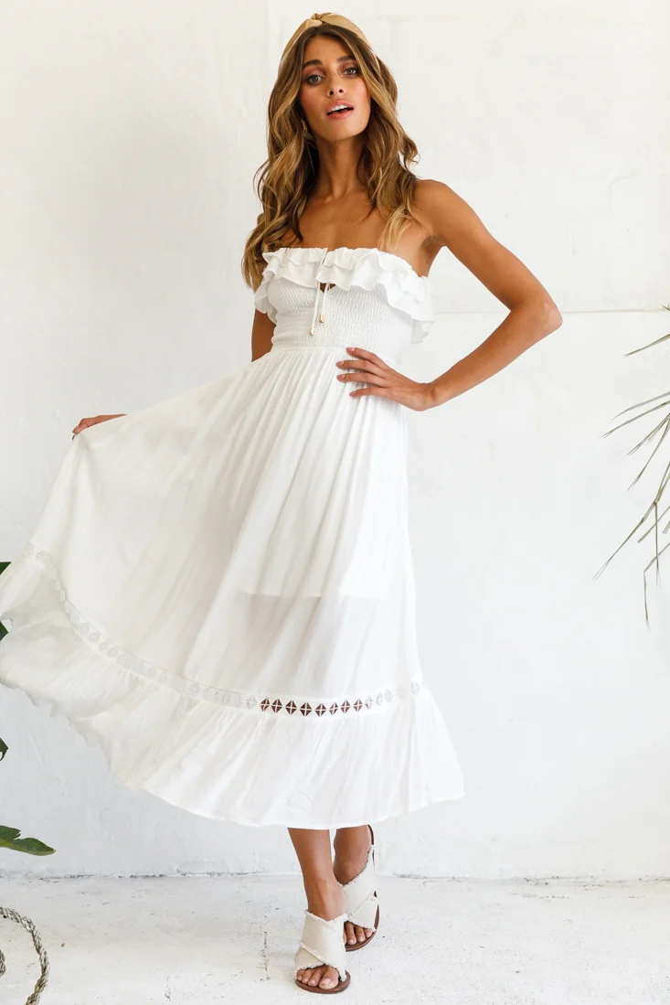 Daydream Shirred Bust Frill Trim Maxi Dress White - Image 5