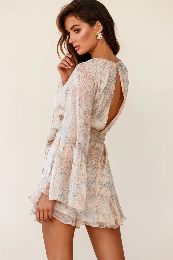 Dayton Bell Sleeve Waist Tie Dress Leaf Print Nude - Image 2