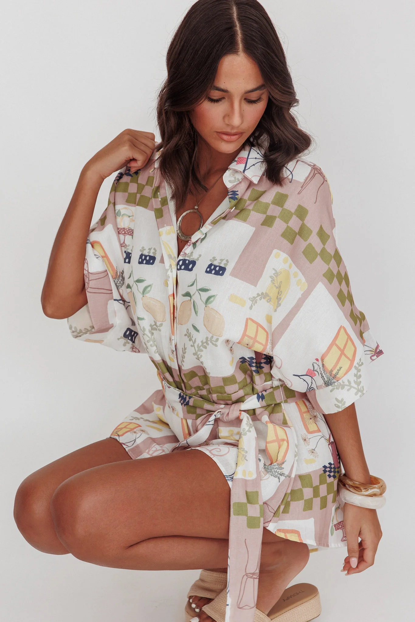 Daytona Beach Button-Up Romper Euro Print Olive - Image 2