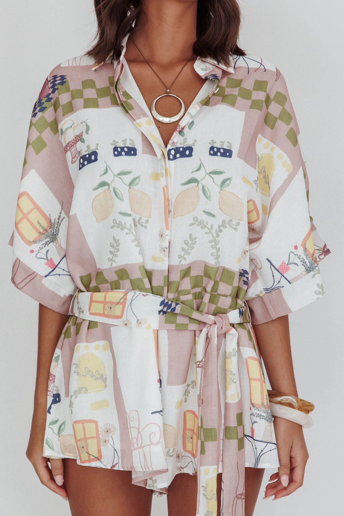 Daytona Beach Button-Up Romper Euro Print Olive - Image 5