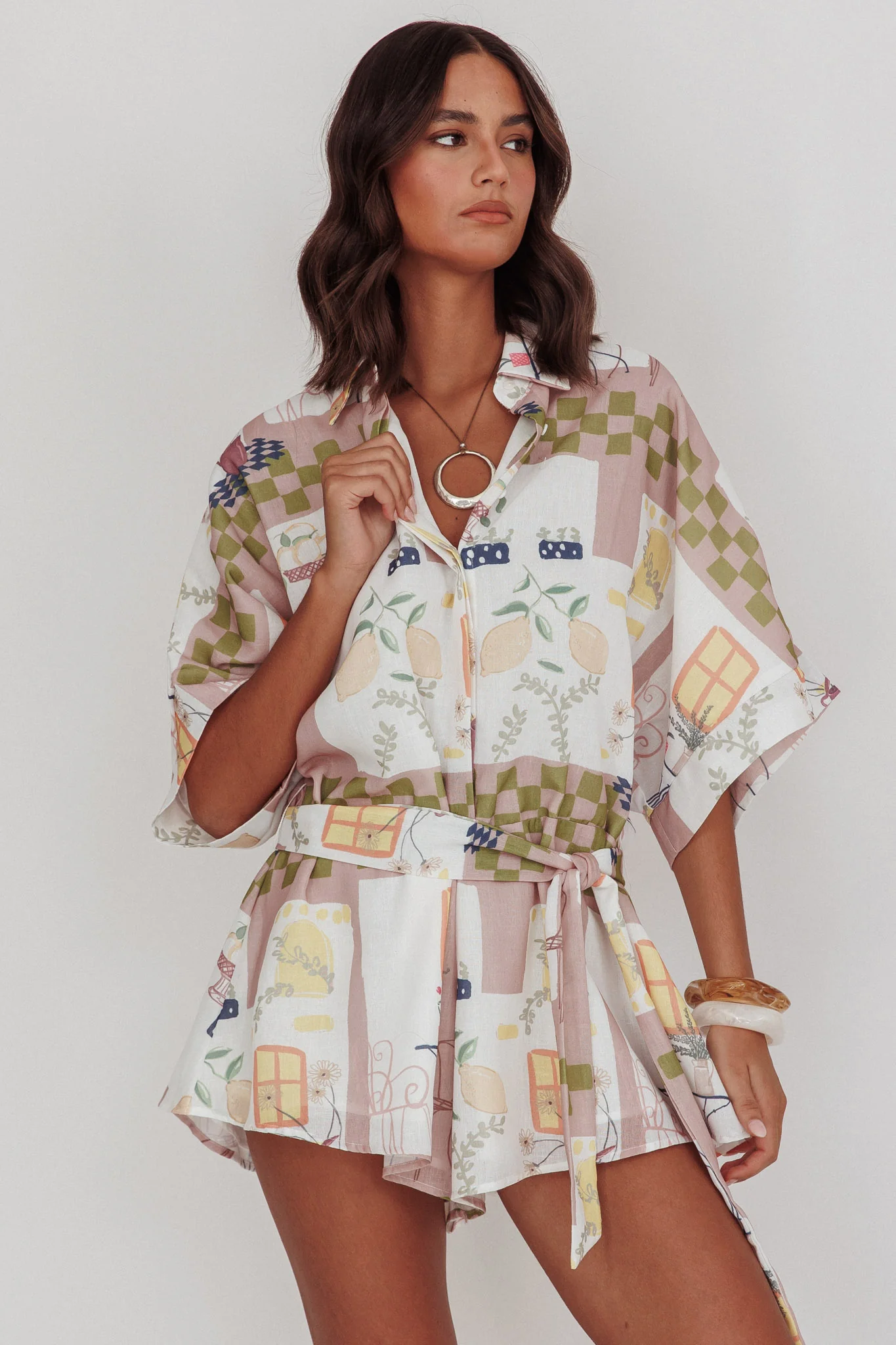 Daytona Beach Button-Up Romper Euro Print Olive - Image 6