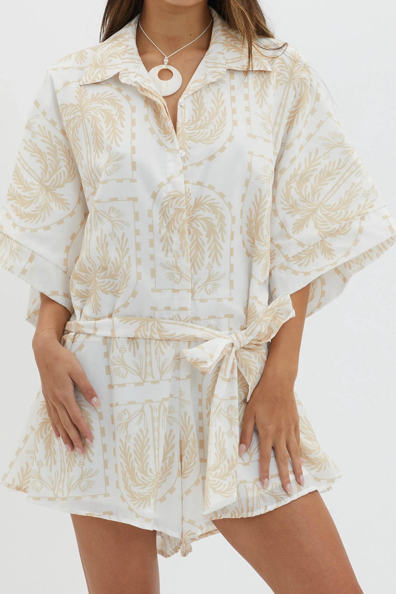 Daytona Beach Button-Up Romper Print Beige - Image 4
