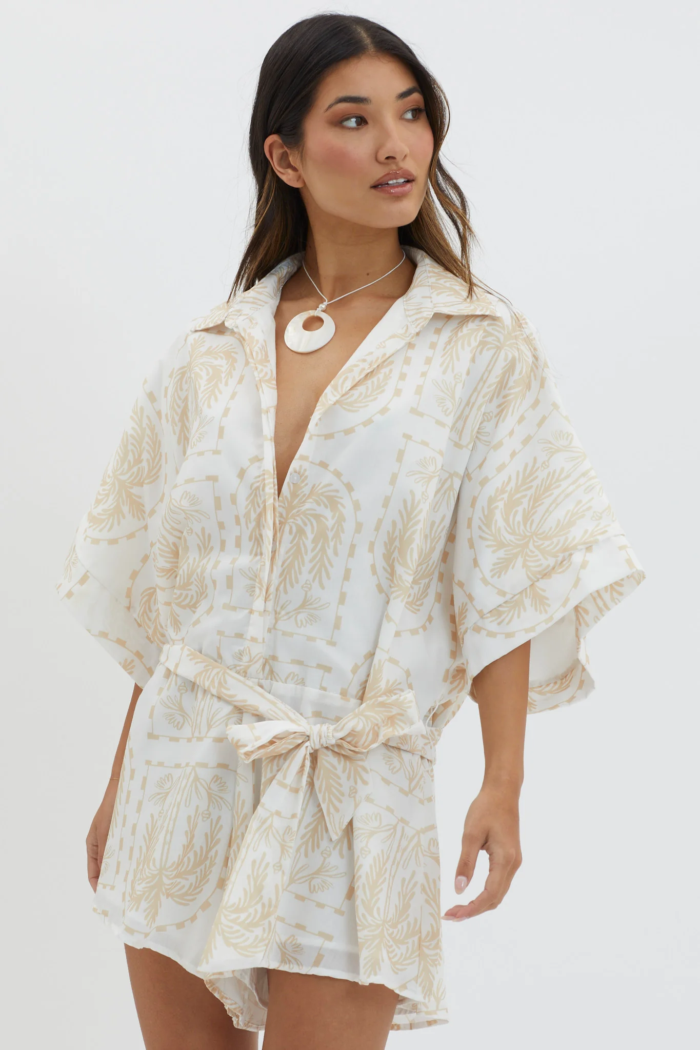 Daytona Beach Button-Up Romper Print Beige - Image 5