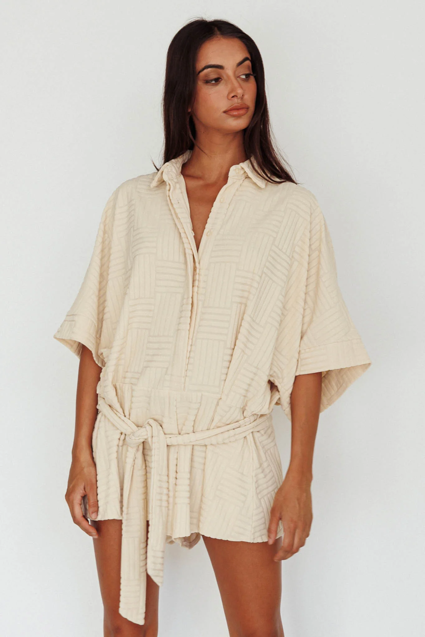 Daytona Beach Button-Up Romper Textured Beige - Image 6