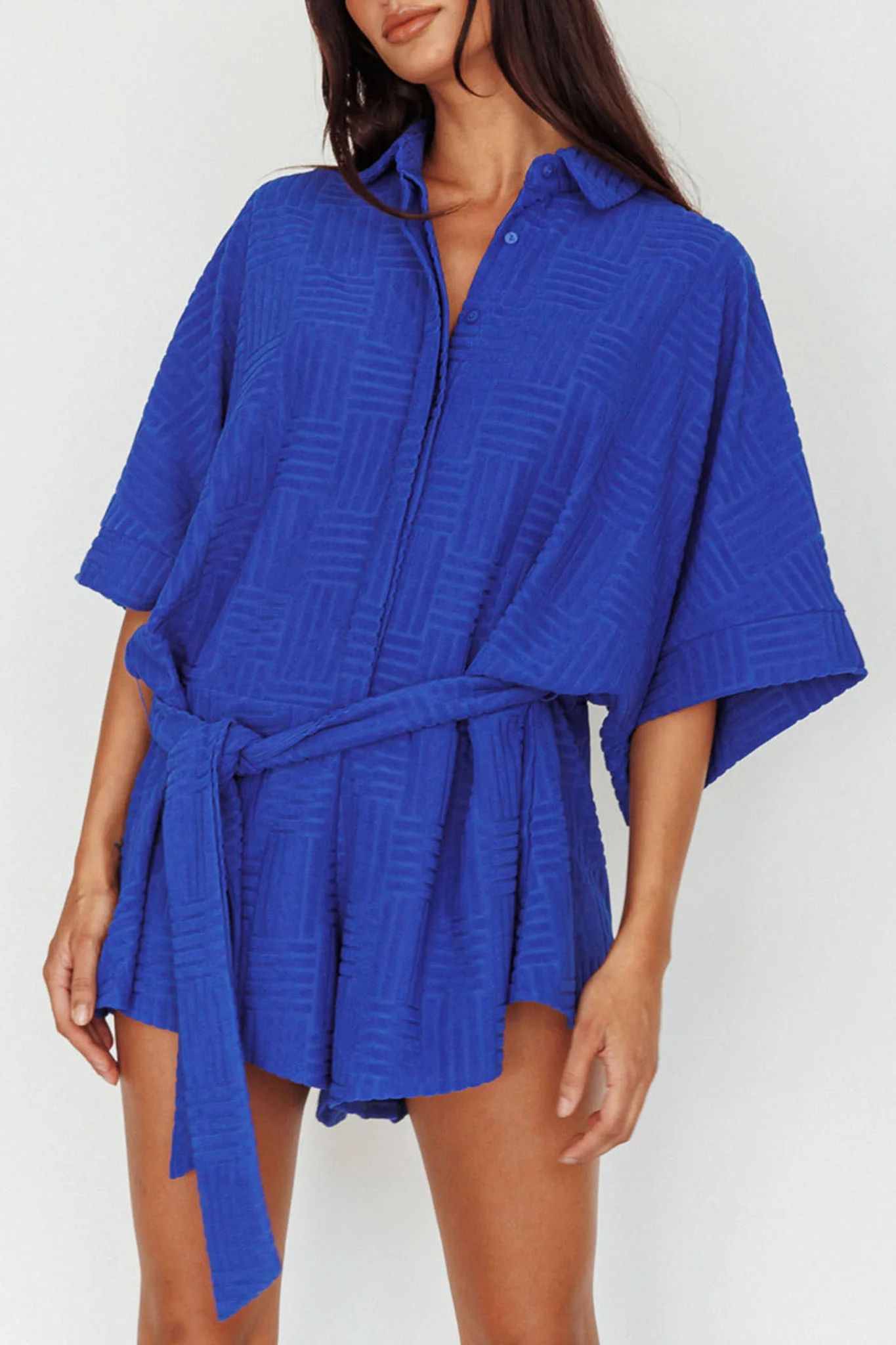 Daytona Beach Button-Up Romper Textured Blue - Image 4