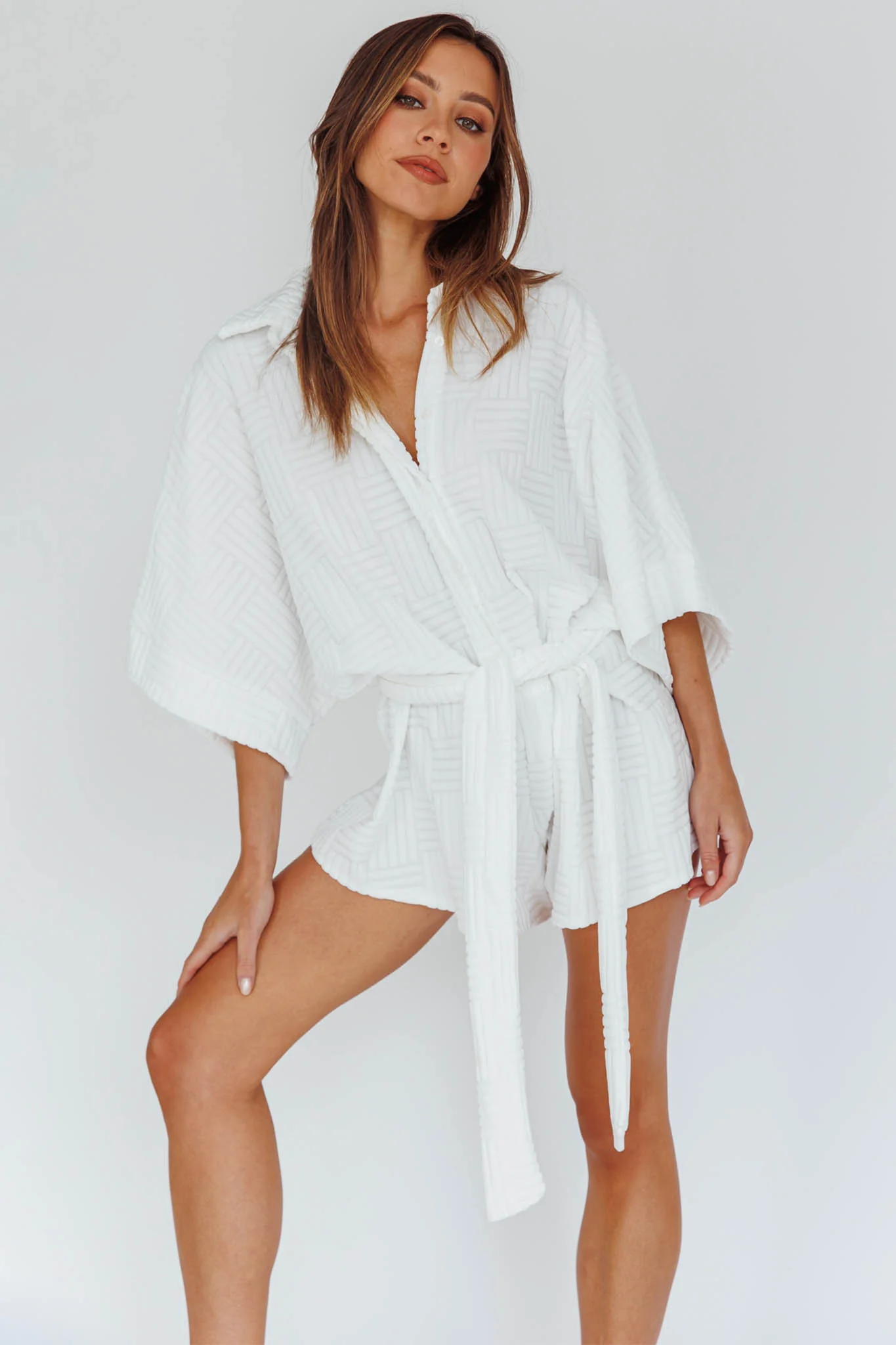 Daytona Beach Button-Up Romper Textured White - Image 7