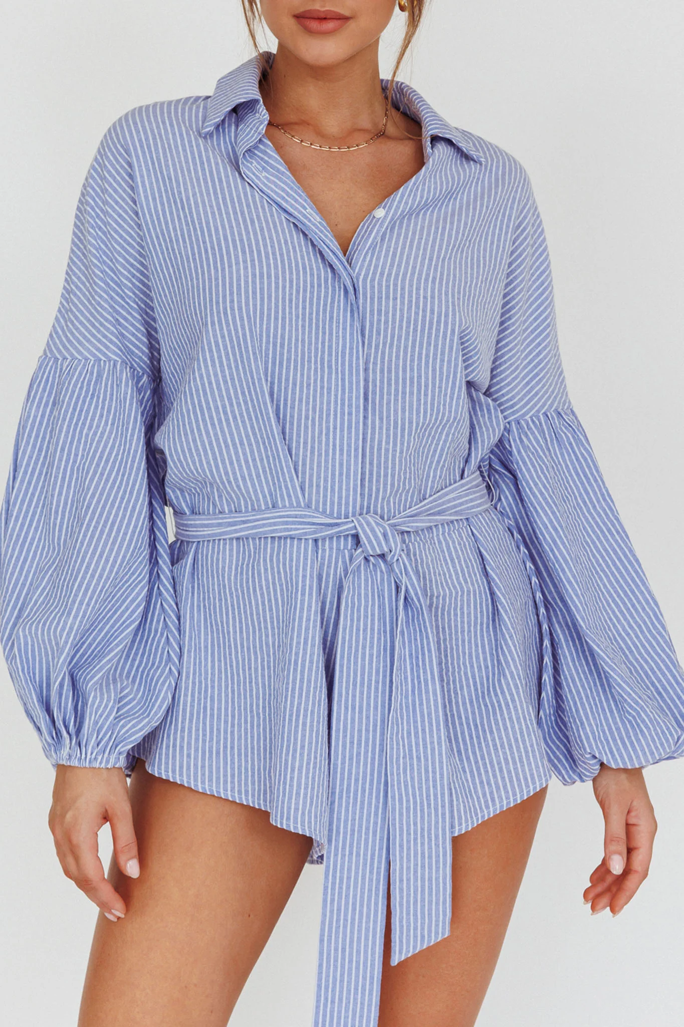Daytona Beach Long Sleeve Shirt Romper Blue Stripe - Image 4