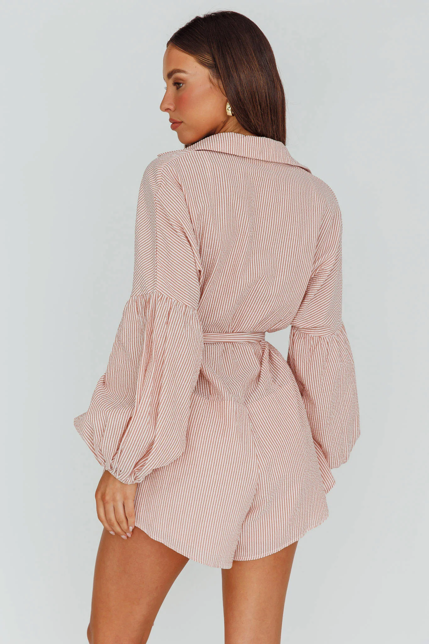 Daytona Beach Long Sleeve Shirt Romper Terracotta Stripe - Image 2