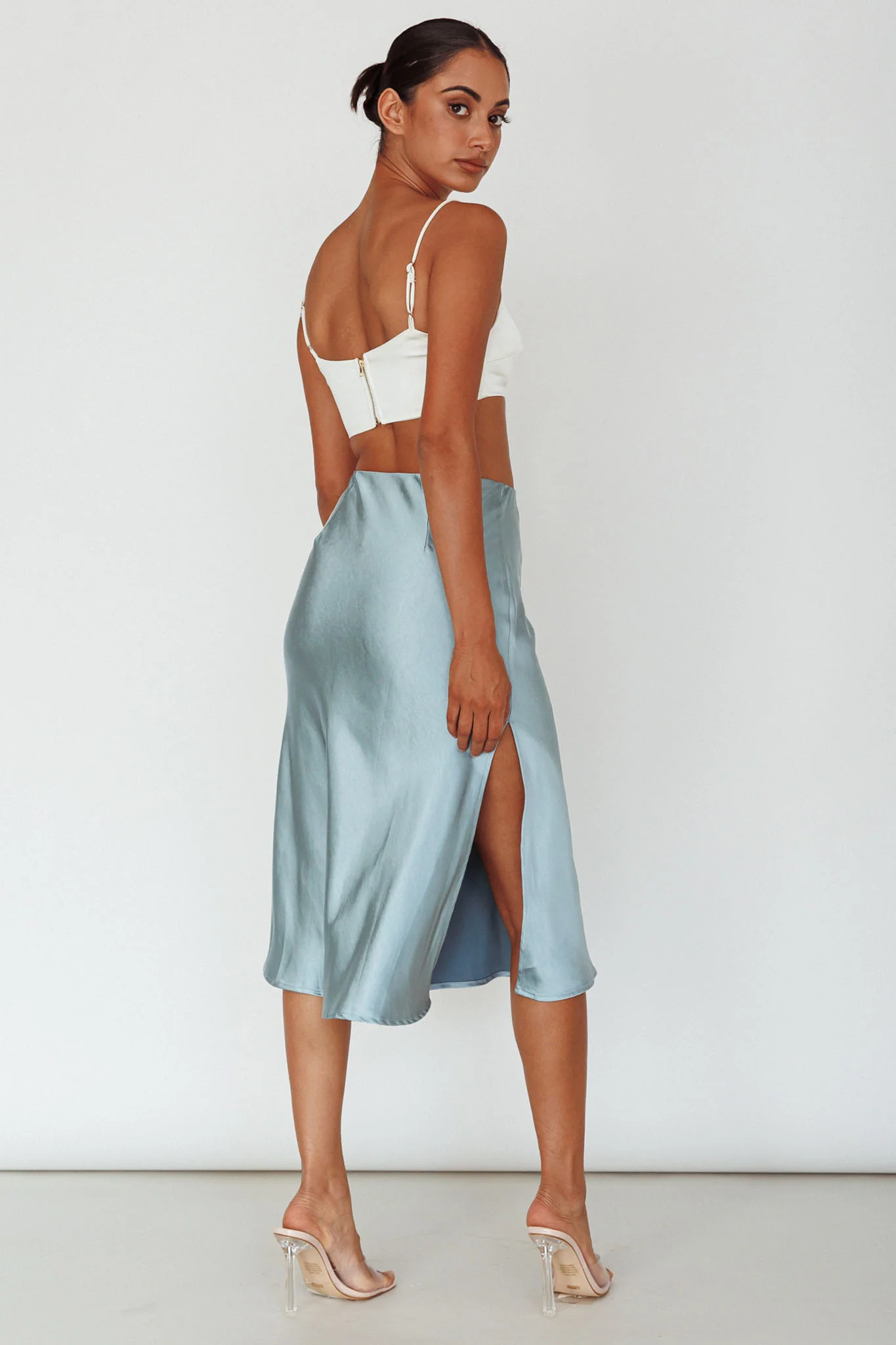 Daze Satin Midi Skirt Light Blue - Image 2