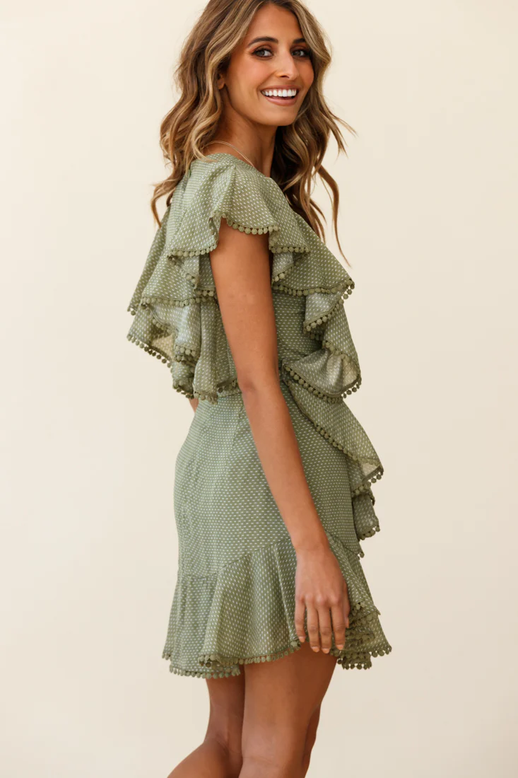Deandra Ruffle Insert Waist Tie Dress Dash Pattern Olive - Image 3