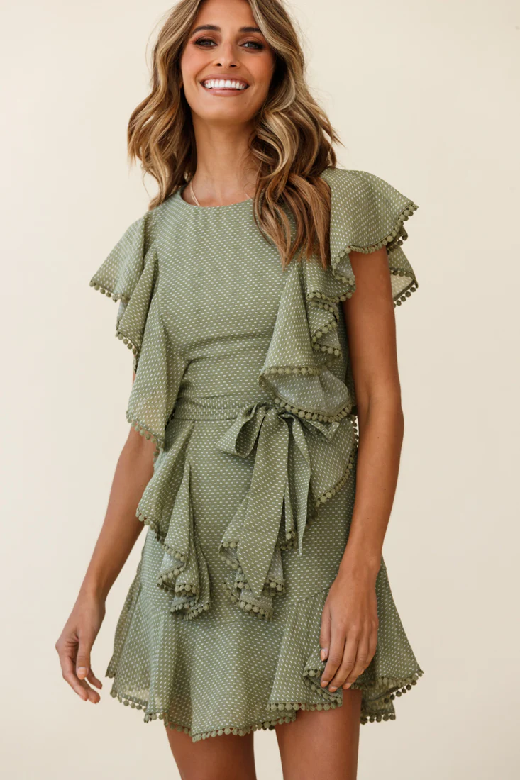 Deandra Ruffle Insert Waist Tie Dress Dash Pattern Olive - Image 6