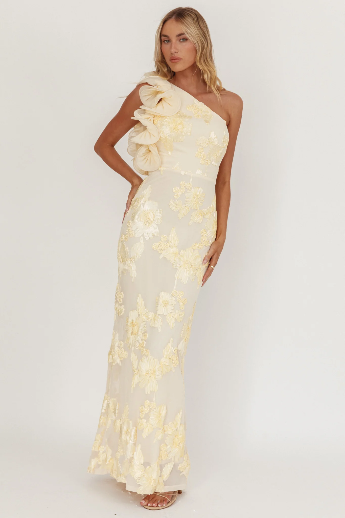 Deanna One-Shoulder Ruffle Maxi Dress Floral Texture Yellow - Image 5