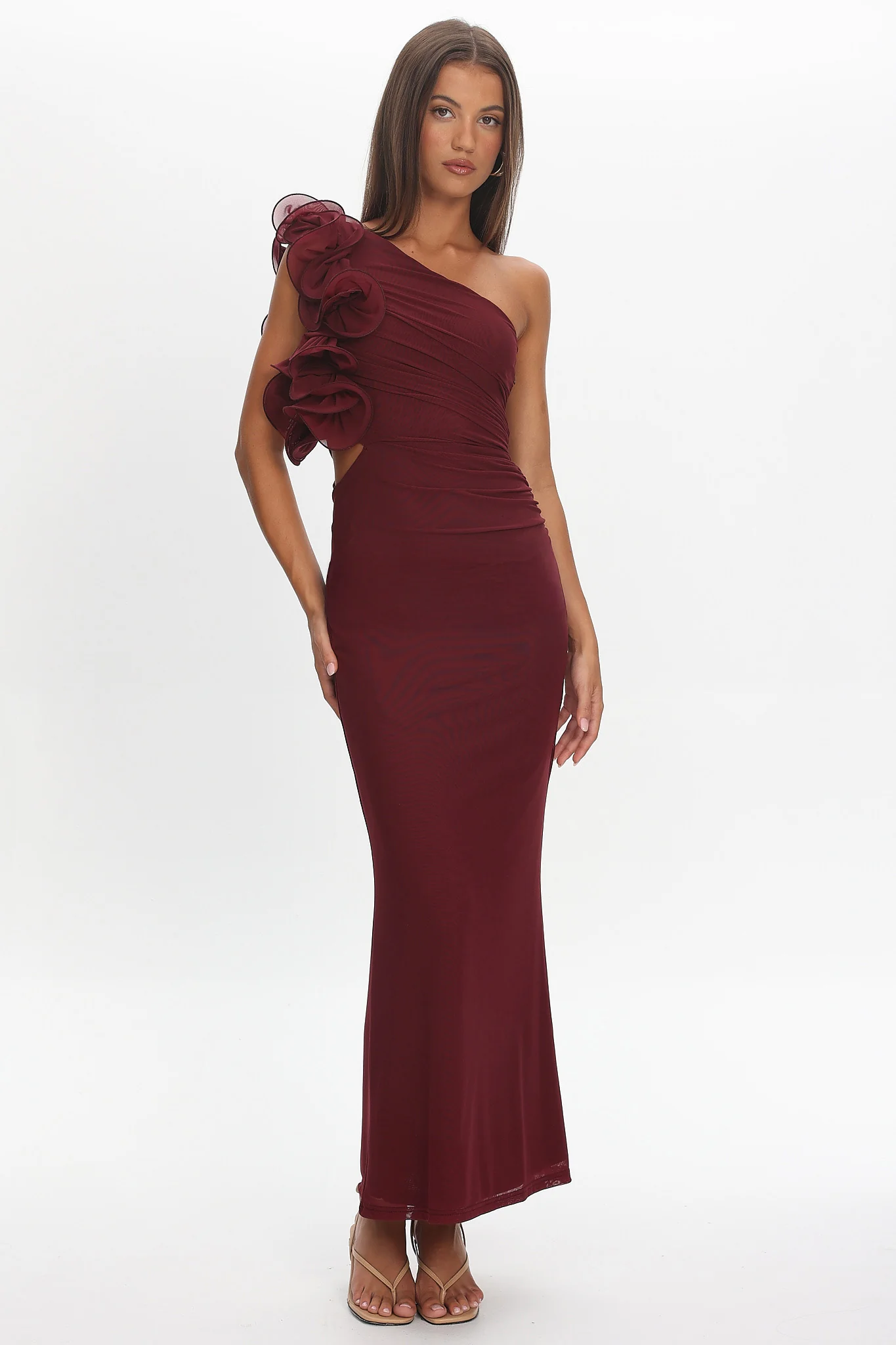 Deanna One-Shoulder Ruffle Maxi Dress Wine - Image 2