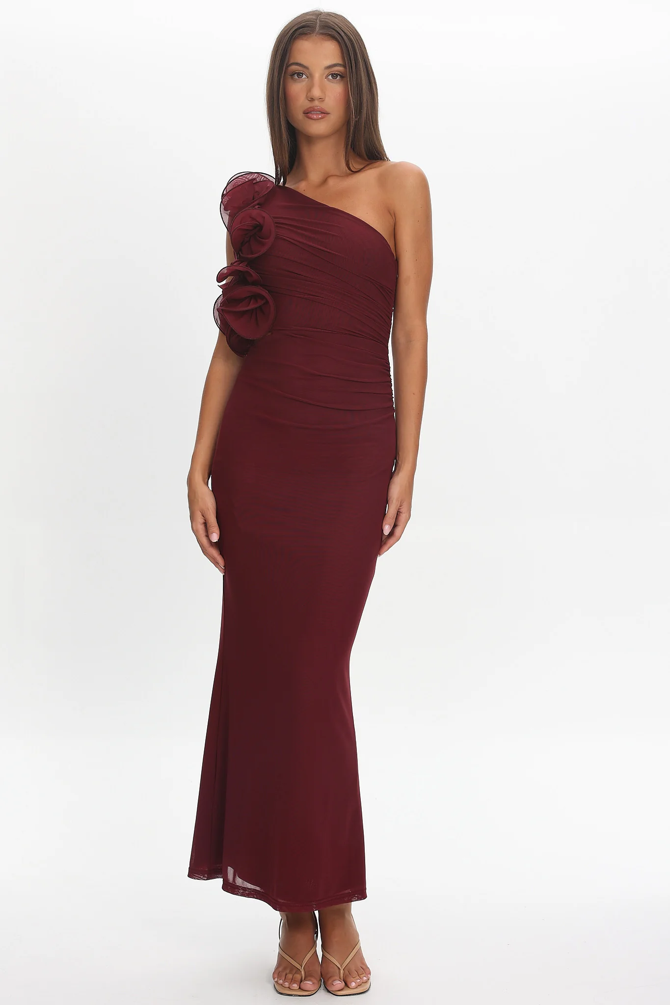 Deanna One-Shoulder Ruffle Maxi Dress Wine - Image 6