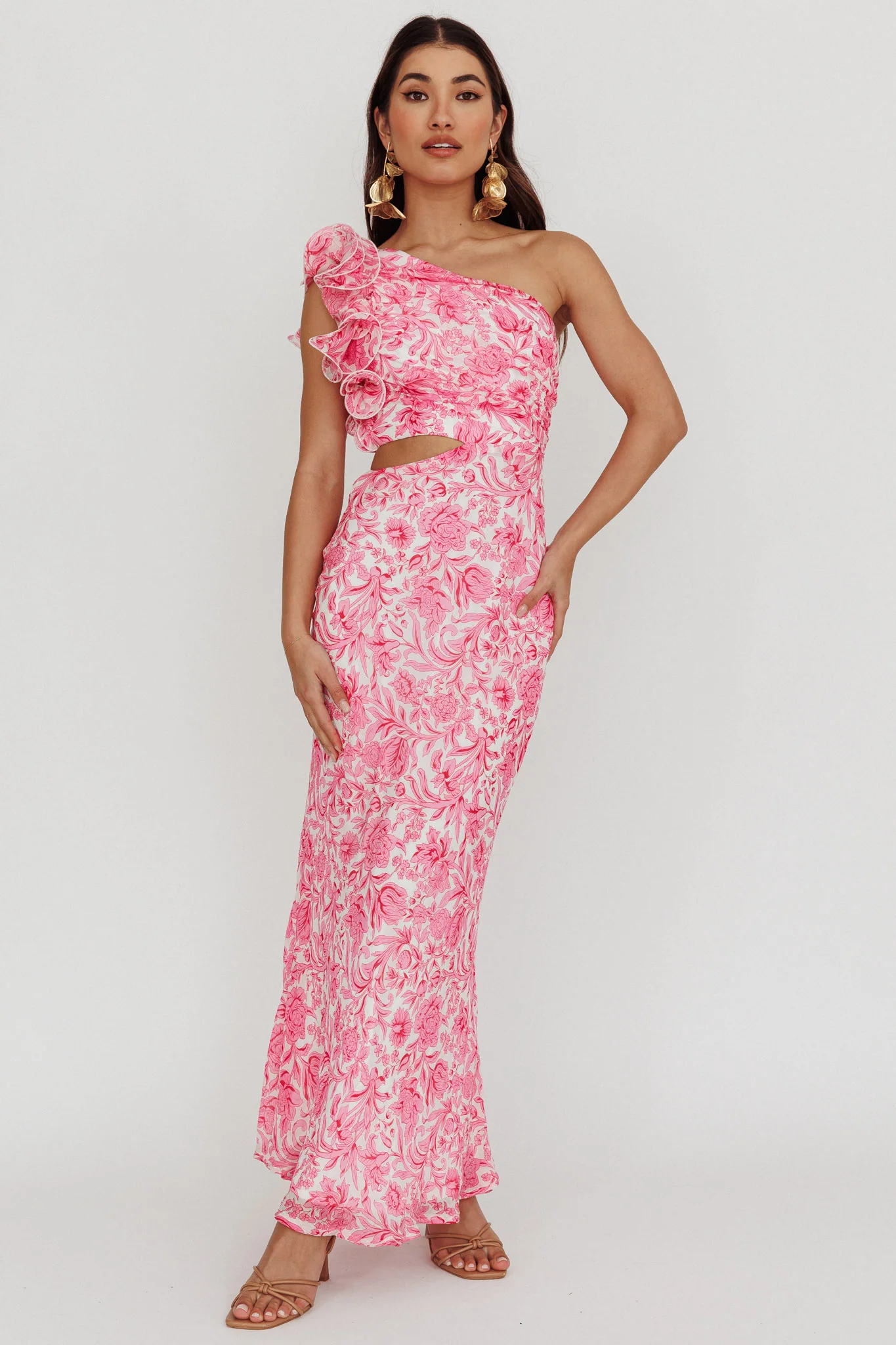 Deanna One-Shoulder Ruffle Midi Dress Floral Pink - Image 5