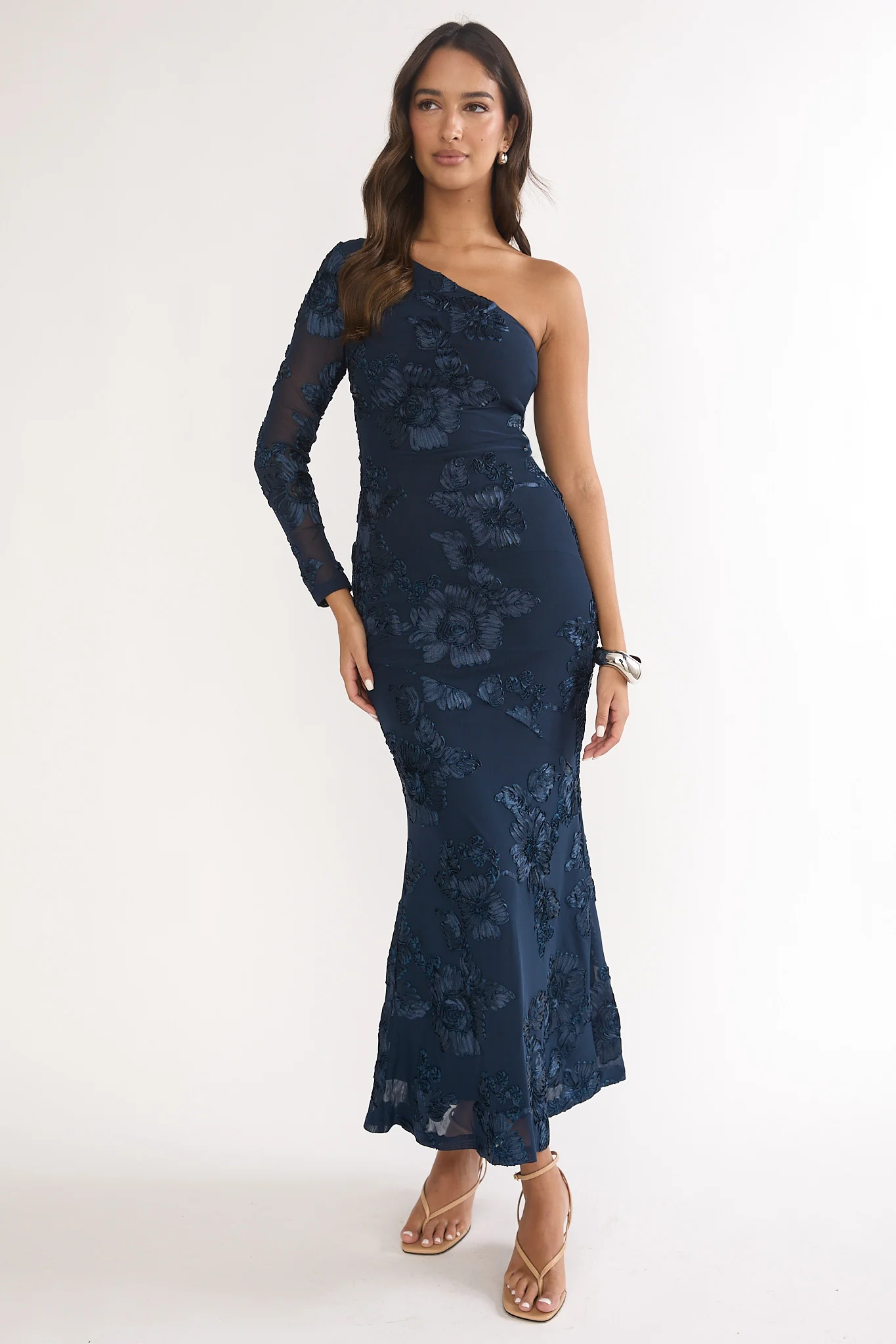 Deanna One-Shoulder Sleeve Maxi Dress Embellished Navy - Image 5