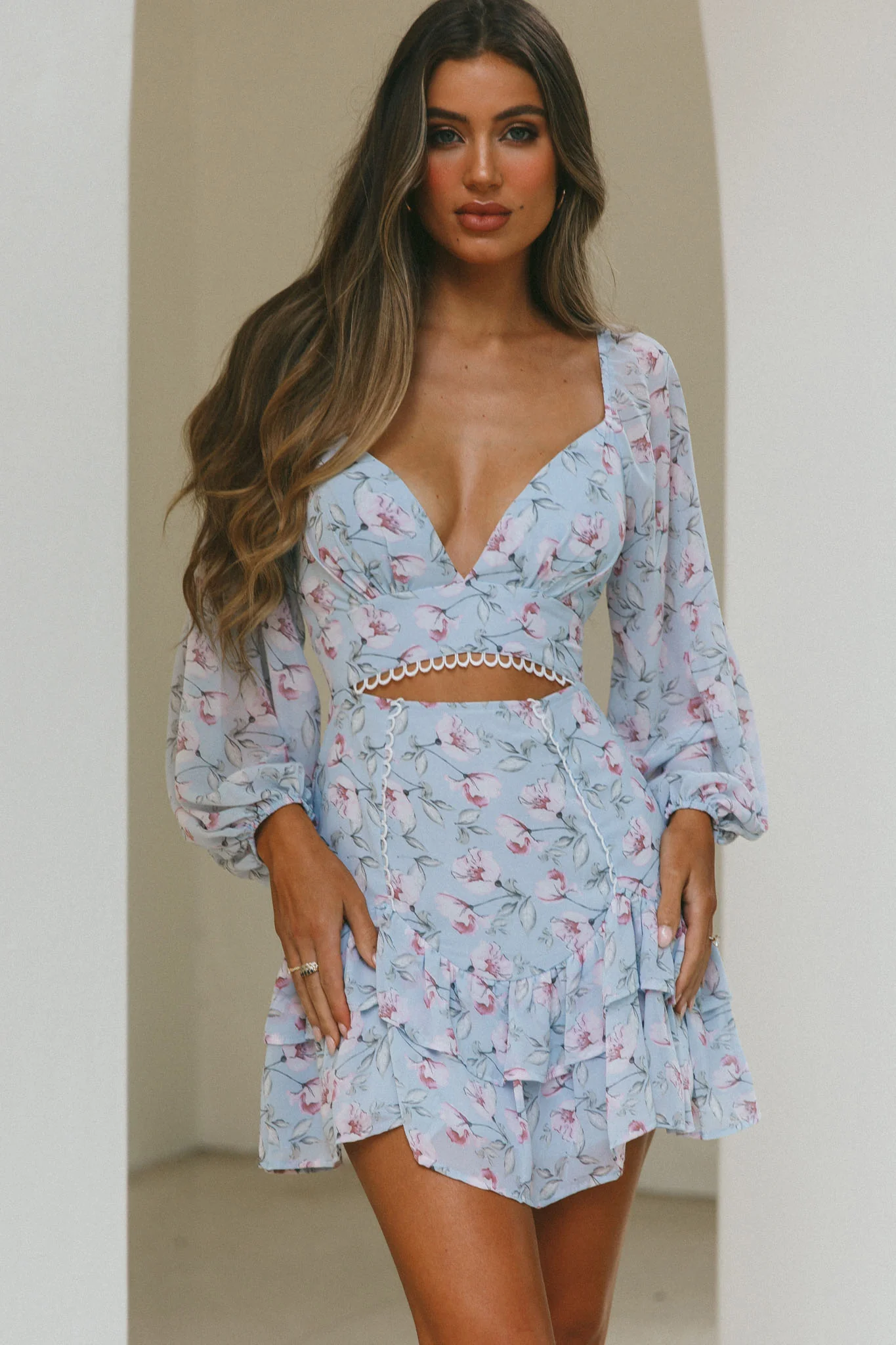 Dearly Beloved Balloon Sleeve Layered Frill Hem Dress Flower Print Blue - Image 4